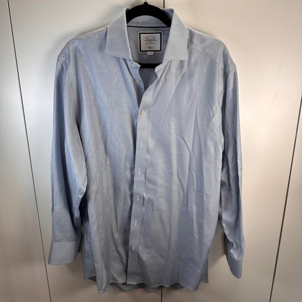 Charles Tyrwhitt Non-Iron Slim Fit Dress Shirt Blue Check Men's Size 16.5 X 33